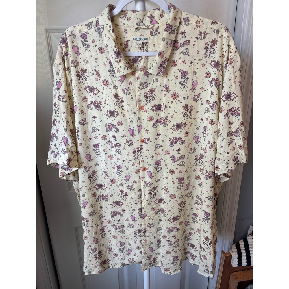 Earthbound Trading Co Mens XXL Yellow Psychedelic Mushroom Peace Button Up Shirt